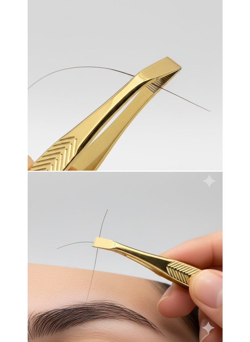 ملقط حواجب وتجميل احترافي مطلي باللون الذهبي الفاخر، رأس مستقيم عالي الدقة لإزالة الشعيرات من الجذور، مصنوع من الفولاذ المقاوم للصدأ، قبضة مانعة للانزلاق بنقش شيفرون، أداة دقيقة لتشكيل الحواجب وتركيب الرموش وإزالة الشعر الرفيع والسميك للنساء ومحترفي التجميل - Image 3